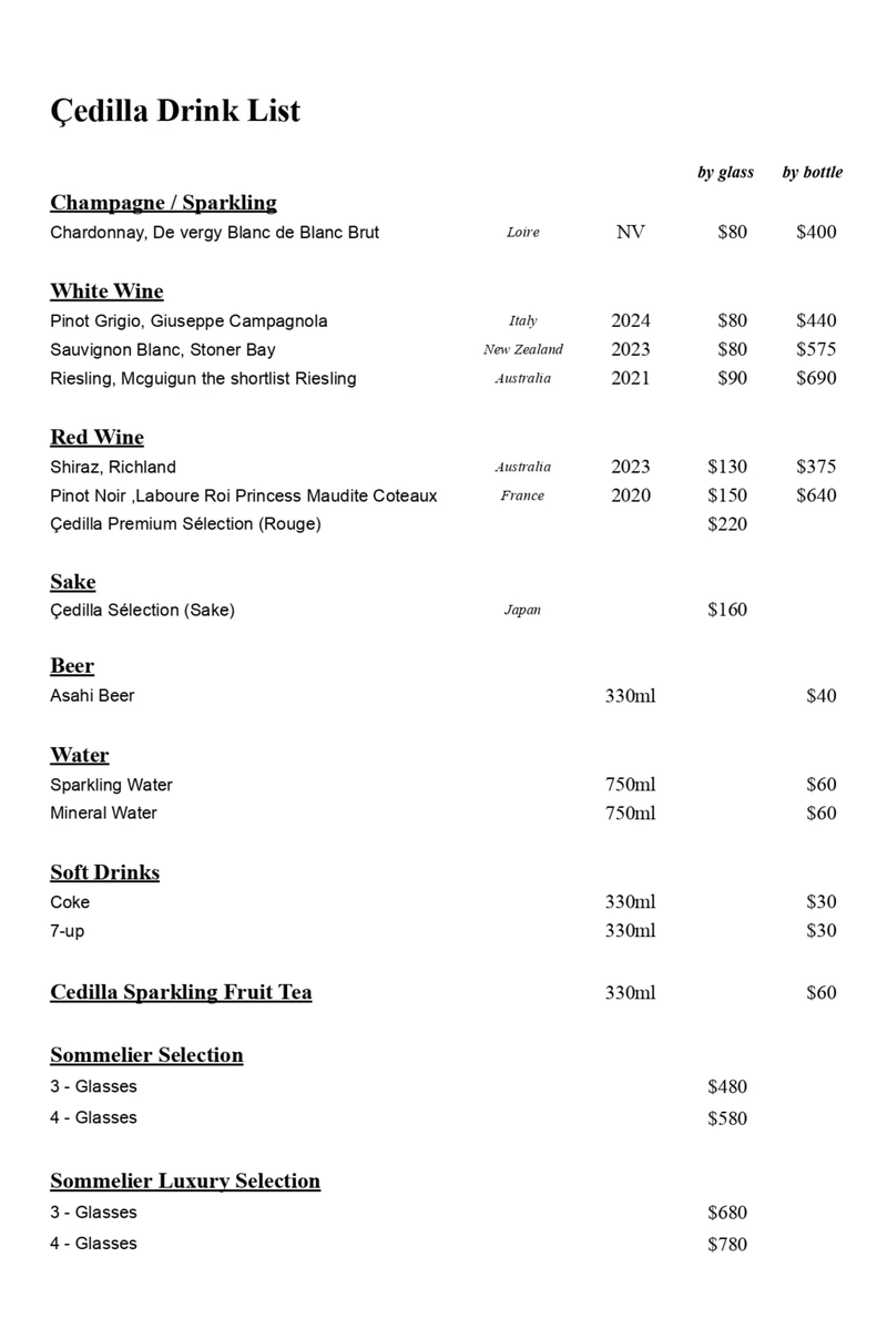 Cedilla Drink List